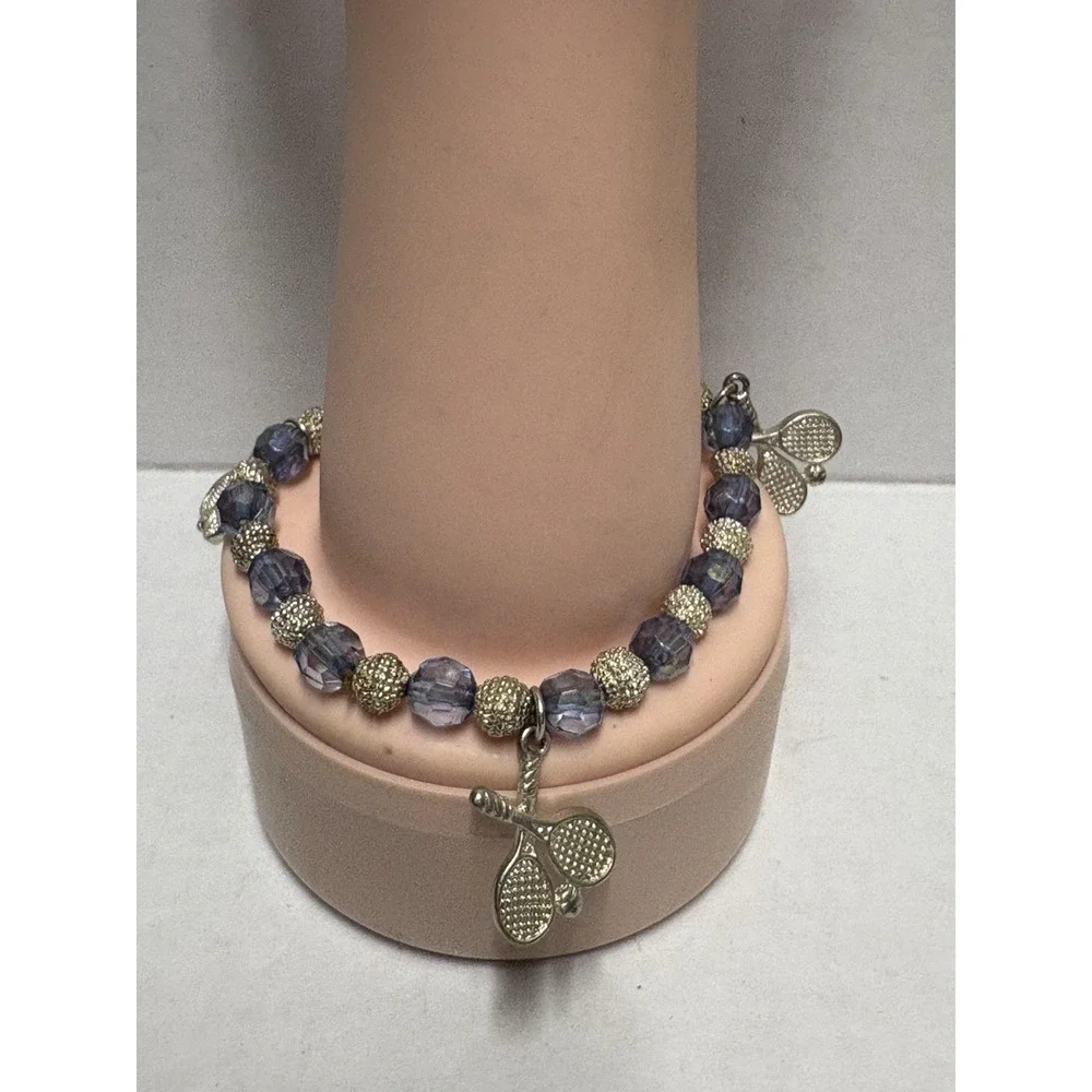 Bracelet Silver Tone Tennis raquets‎ charms blue stretchy